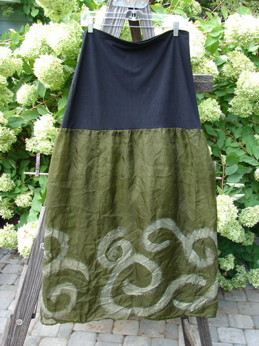 2000 Silk Organza Aios Dana Skirt Celtic Lichen Size 2: Flared dress on clothesline, featuring a green and black skirt with a black sheet.