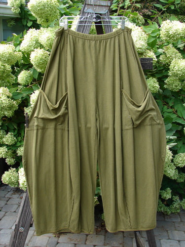 A pair of Barclay Hemp Cotton Exterior Stitch 4 Square Pants in Green Pea, size 2, on a rack. Features include full-length vertical seams, wide lowers, and double front drop pockets. Perfect for mixing and matching with other Fish pieces.