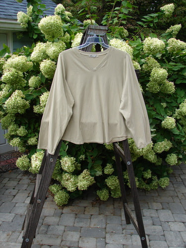 A long sleeved shirt on a wooden ladder, Barclay Round Hem V Neck Top Unpainted Cement Size 2.