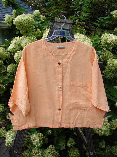 Barclay Linen Vented Crop Pocket Top on a swinger, featuring a widening crop shape, side vents, pearlized buttons, and an oversized breast pocket. Size 2, Sherbet color.