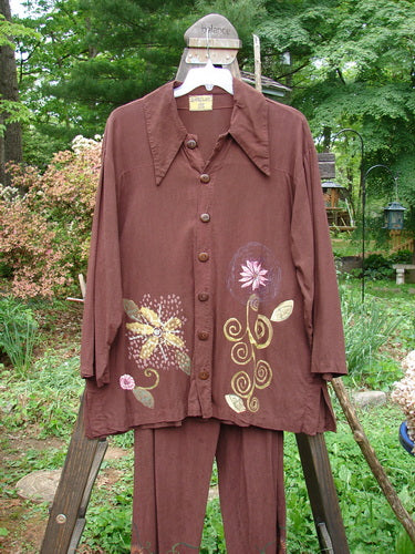 Barclay Tencel Collar Drawstring Studio Duo Spin Flower Sepia Size 1: A brown shirt with a flower design and matching pants.
