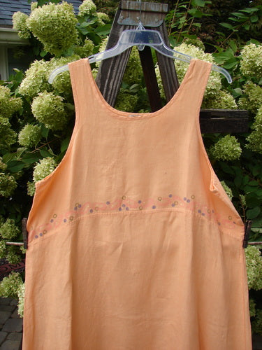 Barclay Linen A Line Shift Dress Bubbles Sherbet Size 2: A dress on a swinger with a peach-colored dress on a wooden stand.