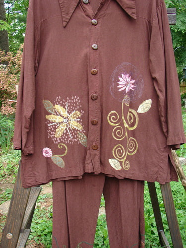 Barclay Tencel Collar Drawstring Studio Duo Spin Flower Sepia Size 1: A brown shirt with flowers painted on it, paired with matching pants.