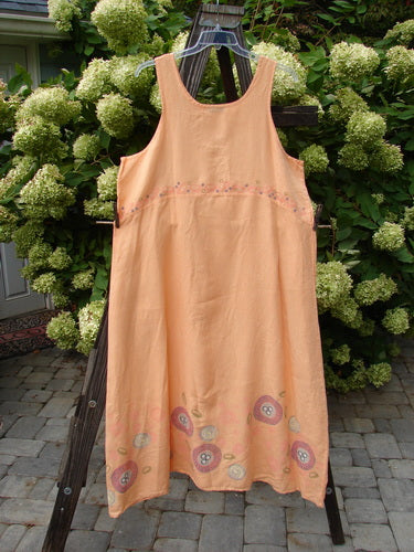 Barclay Linen A Line Shift Dress Bubbles Sherbet Size 2: A dress on a clothesline, featuring a rounded neckline, empire waist seam, and a fully sweeping lower skirt.