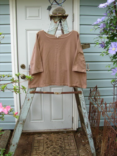 A brown shirt on a wooden ladder, part of the Barclay Center Seam Playful Crop Tee Top collection in Nutmeg. Three Quarter Length Sleeves, wider boatneck neckline, sweet A-line shape, and center vertical seam. Unpainted for easy layering.