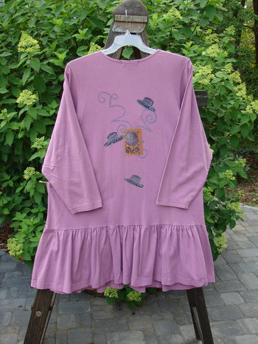 1997 Belladonna Jacket Tall Hat Geranium Size 1: A pink dress with a picture on it, featuring a flower design, a drawing of a flower and hat, and a close-up of a dress.