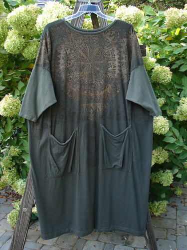 Barclay Bamboo Drop Pocket Dress Metallic Medallions Black Sand OSFA, featuring wide three-quarter sleeves and seamless design, highlighted with metallic medallion art, showcasing vintage Blue Fish Clothing's creative expression.
