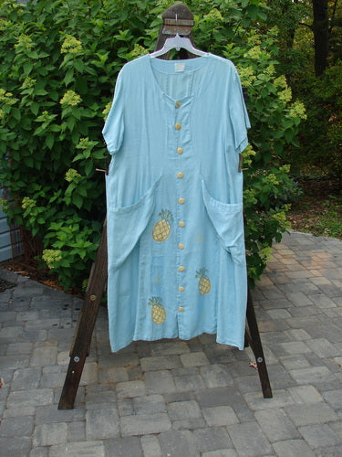 1999 Maypole Dress Pineapple Spring Size 2: A light blue dress with pineapple design, V neckline, thick buttons, and lower pockets.