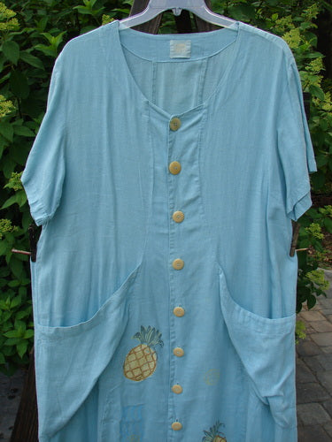 1999 Maypole Dress Pineapple Spring Size 2: Light blue shirt with pineapple design, rounded V neckline, thick buttons, drawstring back, bushel style pockets, straighter longer shape, and a blue fish patch.