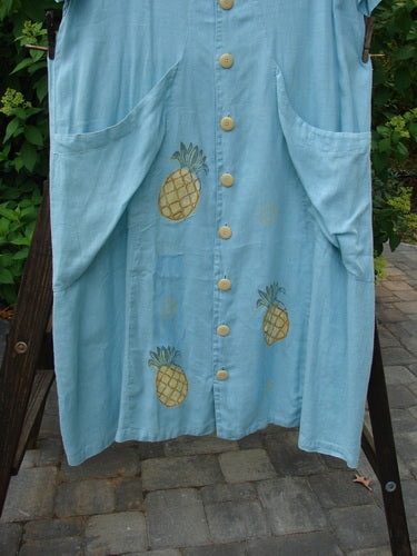 1999 Maypole Dress Pineapple Spring Size 2: Light blue dress made from handkerchief linen. Rounded V neckline, thick buttons, drawstring back. Front pockets. Straight, longer shape. Bright pineapple theme paint. Blue fish patch. Bust 52, waist 52, hips 52. Length 50 inches.