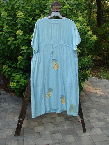 1999 Maypole Dress Pineapple Spring Size 2: A light blue dress with a pineapple design, V neckline, thick buttons, and lower bushel pockets. Length: 50 inches.