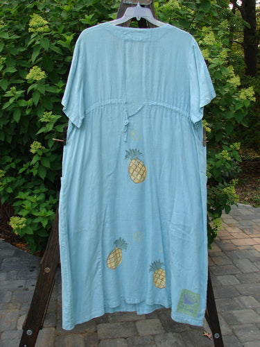 1999 Maypole Dress Pineapple Spring Size 2: Light blue dress with pineapple design, V neckline, thick buttons, drawstring back, bushel style pockets, and a longer shape. Perfect condition.