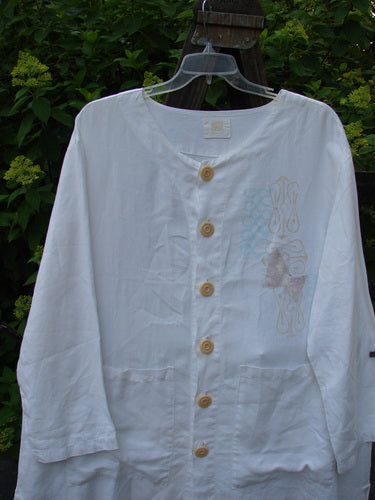 2000 Linen Beach Cardigan, white shirt with buttons. A-line sweep, oversized buttons, shirt tail hemline. Bust 54, waist 54, hips 58.