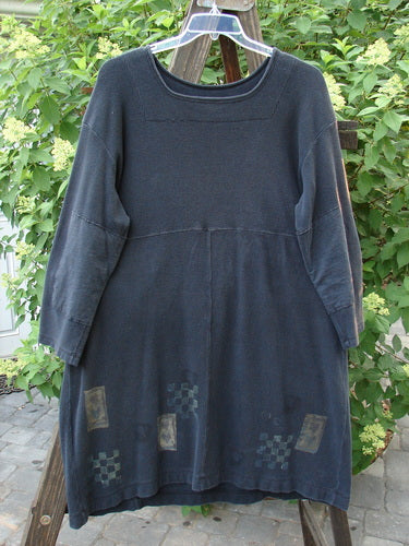 1999 Thermal Home Dress Tiny Double Heart Black Size 1: A blue dress on a clothes rack, with a special squared off neckline, super soft elbow patches, and unique sectional panels.