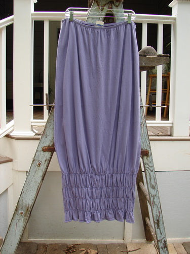 2000 NWT Rings of Saturn Skirt on ladder. Purple curtain on rack. Light organic cotton. Elastic waist. Tapered lower. Stretchy smocking. Unpainted. Size 2. Length: 43".