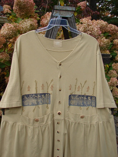 1999 Vintage Button Dress, Asian Aesthetic Honey, Size 2: Beige shirt with writing, 11 tiny buttons down the front, 3 layered vintage buttons on the waistline, higher placed pockets, deeply gathered pleats, folds of fabric, draw cords for specialized fit, Asian aesthetic theme paint, Blue Fish patch.