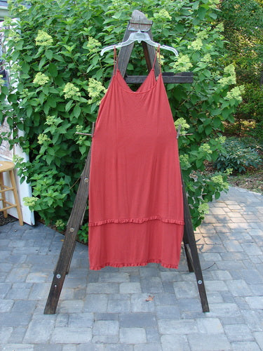2000 Wool Pointelle Lulu Slip Dress Sienna Unpainted Tiny Size 2: A red dress on a wooden rack, with sweet tiny eyelets, thin shoulder straps, and a unique criss-cross upper bodice.