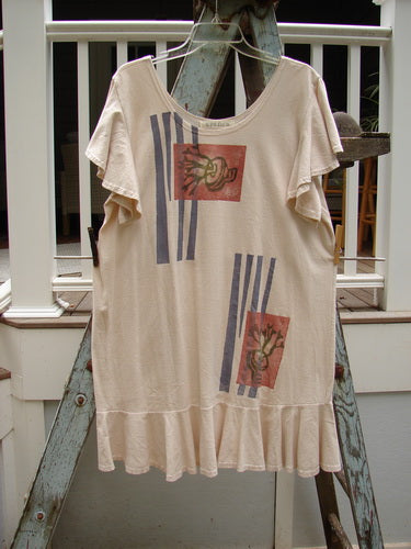 1996 Butterfly Dress Garden Path Birch Bark Size 1: A white shirt with blue and red designs on a wooden ladder.
