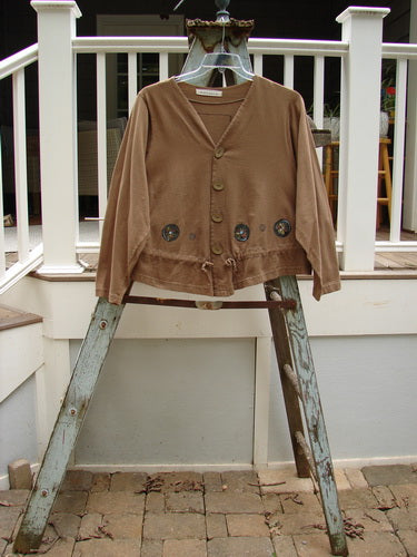 Image: A brown sweater on a ladder. 

Alt text: 1997 Treehouse Jacket Tiny Pinwheel Portico Size 1, a brown sweater on a ladder.
