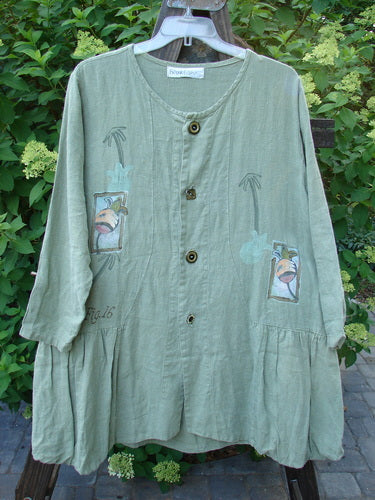 1998 Botanicals Meadow Jacket Palm Tree Elm Size 1: A linen jacket with a wide A-line shape, ceramic buttons, and botanical theme paint.
