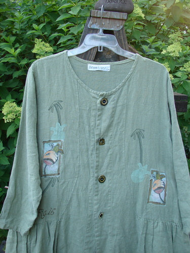1998 Botanicals Meadow Jacket Palm Tree Elm Size 1: A linen jacket with textured buttons, flounce, and botanical theme paint.