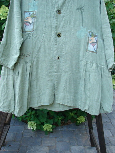 1998 Botanicals Meadow Jacket Palm Tree Elm Size 1: A linen jacket with a flounced A-line shape, ceramic buttons, and botanical-themed paint.
