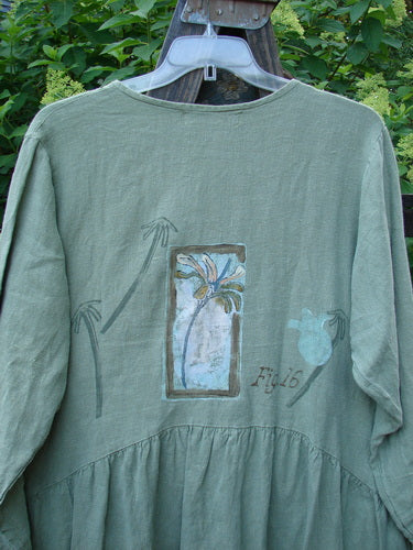 1998 Botanicals Meadow Jacket Palm Tree Elm Size 1: A linen jacket with a flounce, ceramic buttons, and botanical theme paint.