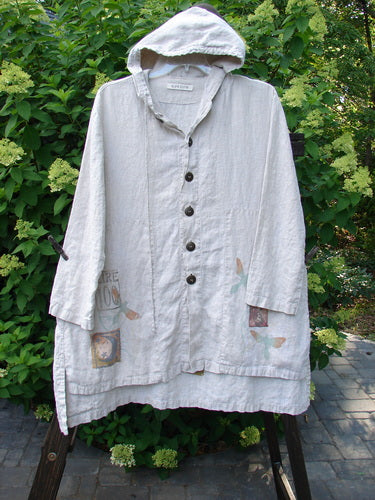 1998 Traveler's Jacket with corded linen hoodie, button front, vented sides, and celestial travel theme paint. OSFA.
