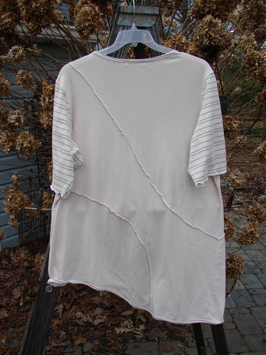A white shirt with a striped pattern, featuring a slenderizing shape, raised seams, a rounded longer side, and a U-shaped neckline. Rolled and lettuce edges add a unique touch. Made from organic cotton and lycra, this Barclay Slant Stripe Form Top in Natural is a timeless piece from Bluefishfinder.com.