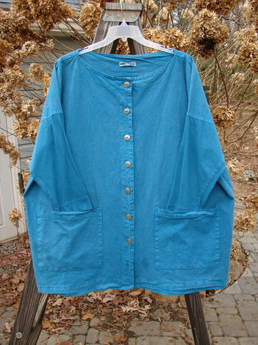 Aqua Barclay Cotton Sleeve Hemp Jacket, Size 2, in good condition. Features include a metal button front, boatneck, oversized painted pockets, and slim organic cotton sleeves. Length: 33 inches.