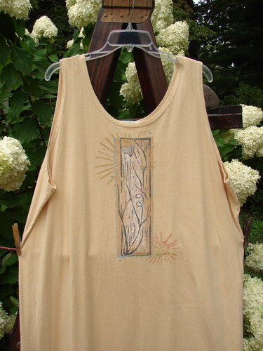 1997 River Journey Dress: A tan tank top with a drawing on it, featuring a long stem floral theme paint. Size 2.