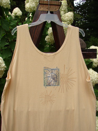 Image alt text: "1997 River Journey Dress with long stem floral paint design on tan tank top"
