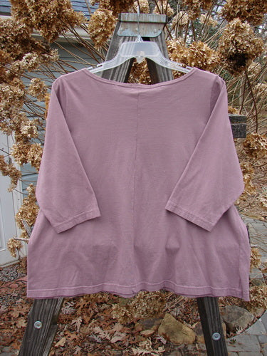 Image alt text: "Barclay NWT Center Seam Playful Crop Tee Top in Rosewood, Size 2, unpainted. A purple shirt on a swinger with three-quarter length sleeves and a wider boatneck flattened neckline. A close-up of leaves on the ground in the background."