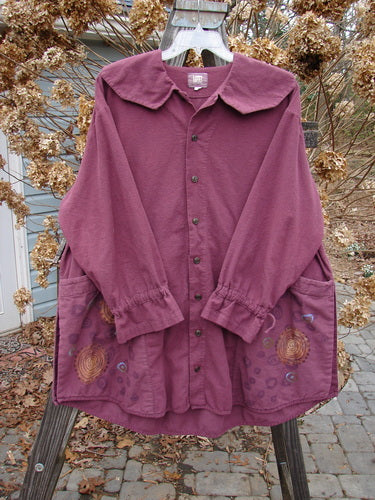 2000 Flannel Poet's Top Spin City Murple Size 2: A cozy purple shirt with pockets, jester's collar, vented hemline, and pull cord lower sleeves.