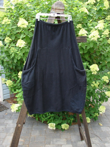 Barclay Cotton Hemp Panel Pocket Circle Skirt, size 2, in perfect condition. Features include elastic waistline, bell-shaped hem, deep front pockets, and Celtic Moss accents. Unpainted for easy matching with fall or winter thermals. Relaxed waist 28, stretched waist 38, hips 46, length 39 inches.