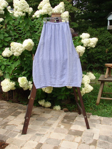 1999 Windy Day Skirt Unpainted Iris Size 1: A skirt on a rack, featuring a lovely reverse bell shape with vertical pleats. Made from handkerchief linen, this skirt offers a lighter sway in warm breezes. Waist: 26-36, Hips: 48, Length: 37 inches.