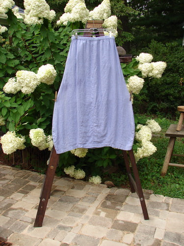 1999 Windy Day Skirt Unpainted Iris Size 1: A blue skirt on a clothesline, featuring a lovely reverse bell shape with vertical pleats. Made from handkerchief linen, this skirt offers a lighter sway in warm breezes. Waist: 26-36, Hips: 48, Length: 37 inches.