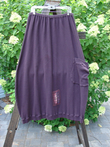Barclay Patched Thermal Side Pocket Skirt in Red Plum, Size 2. A purple skirt with ribbed hemline, vertical panels, and an oversized bottom side pocket. Full elastic waistline. Length: 40 inches.