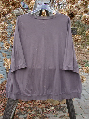 A purple shirt with three-quarter sleeves and a netted flutter neckline on a wooden rack.