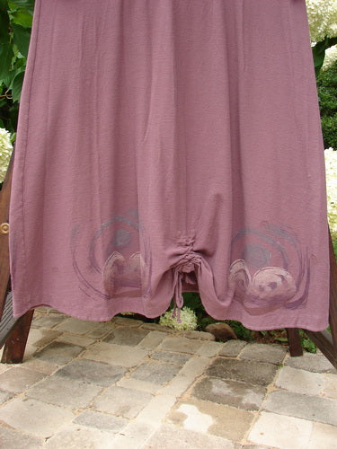 2000 Crepe Tara Dress Celtic Loam Size 1: Elegant purple dress with tie, pewter buttons, and flowing drape. Perfect condition. Made from 100% cotton crepe. Bust 46, waist 44, hips 46, sweep 80. Length 55 inches.