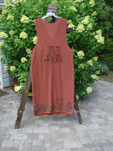 1993 Waffle Pocket Sweater Jumper Farm Fence Woodberry Size 2: A brown dress with a vintage farm fence theme painted on the front pocket.