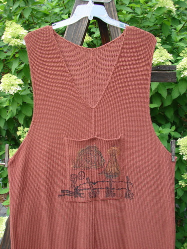 1993 Waffle Pocket Sweater Jumper with a brown vest featuring a drawing on it. Vintage farm fence theme paint on an oversized front pocket. Size 2.