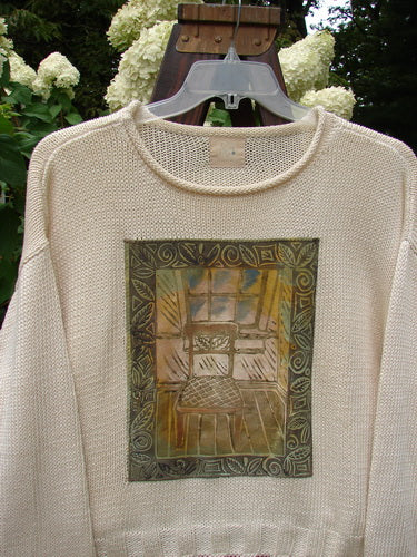 Image alt text: 1999 Limited Edition Patched Boxy Pullover Sweater with Chair and Window Design, Mint Condition, OSFA