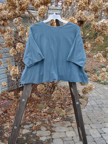 Image alt text: Barclay Crop A Lined Tee Top Continuous Pinwheel Puddle Size 2, blue shirt on a swinger, outdoor clothing, person wearing blue shirt on a swing.