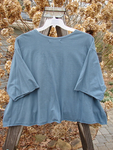 A blue shirt with a wide crop boxy shape, rounded and rolled neckline, and sweet rolled edgings. Features an unadorned back and continuous pinwheel theme paint. Size 2.