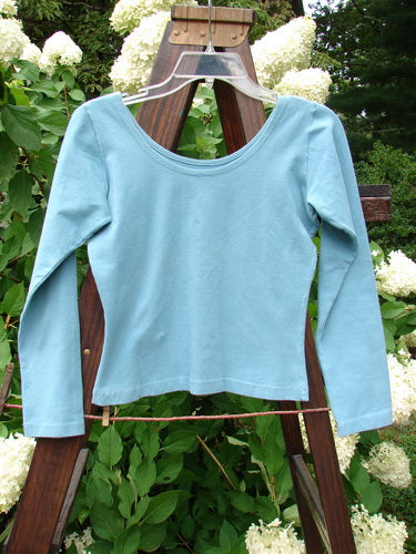 1995 Long Sleeved Layering Top Unpainted Watercolor Tiny Size 1: A blue shirt on a swinger, featuring a ballerina-shaped neckline and a tapered waist. Made from thick cotton and lycra, this top is fitted and shapely. Perfect for layering.