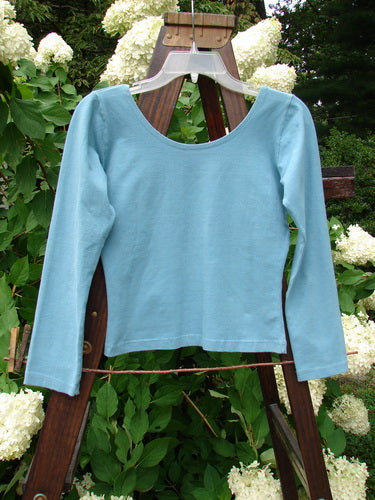 1995 Long Sleeved Layering Top Unpainted Watercolor Tiny Size 1: A blue shirt on a swinger, featuring a ballerina neckline and a fitted, shapely design. Made from thick cotton and lycra, it's perfect for layering.