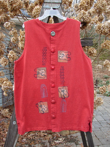 1996 Symbol Vest in Pomegranate, Size 1. Vintage design with oversized button. Shallow neckline, knotted buttons, vented sides, and rear drawcord.