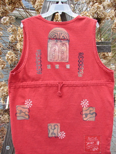 1996 Symbol Vest Gateway Pomegranate Size 1: A red vest with a design on it, featuring a slightly shallow neckline and vintage oversized button.
