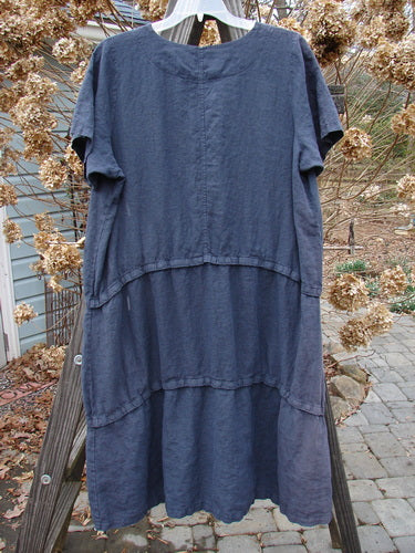 Barclay Linen Three Length Snap Dress Unpainted Blue Raven Size 1: A versatile blue dress with snap closures, front pockets, and a straight shape. Made from medium weight linen, it is perfect for summer.
